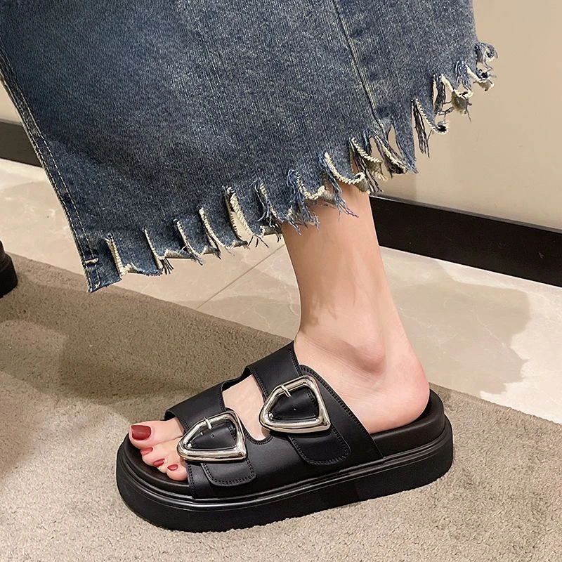 Slides Rubber Black Women\'s Slippers and Ladies Sandals Round Toe Height Summer 2024 with Heel Shoes Unique Luxury Normal Casual