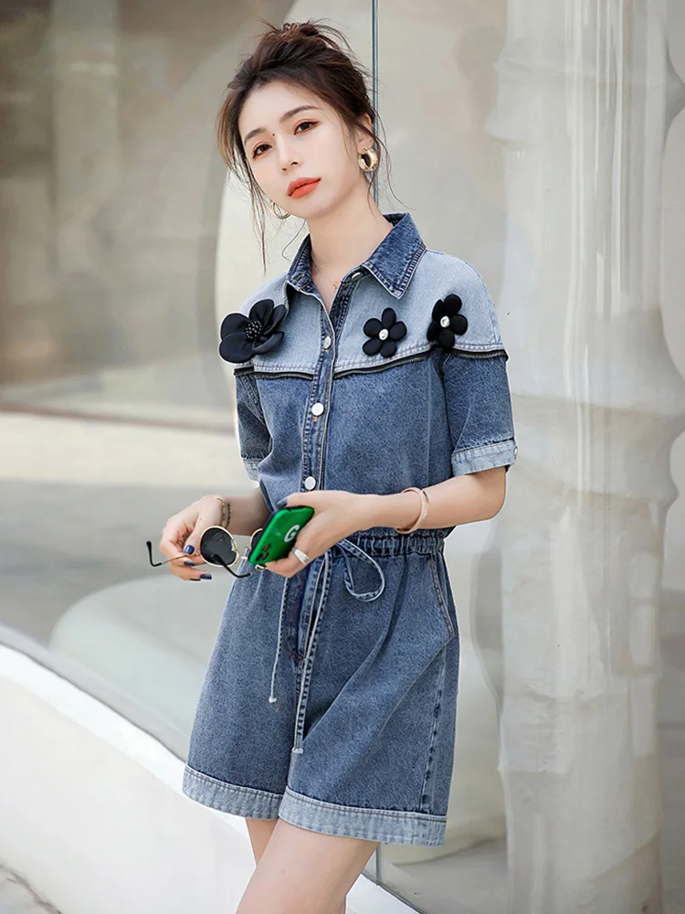 

ENjoyce Summer Women Blue Denim Drawstring Jumpsuit Shorts Korean Fashion One Piece Jeans Playsuits Rompers Overalls Streetwear