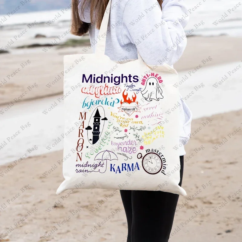 1 Pc Midnight Album Songs Pattern Tote Bag Gift for Taylor's Fans Lightweight Canvas Shoulder Bag Women's Reusable Shopping Bag