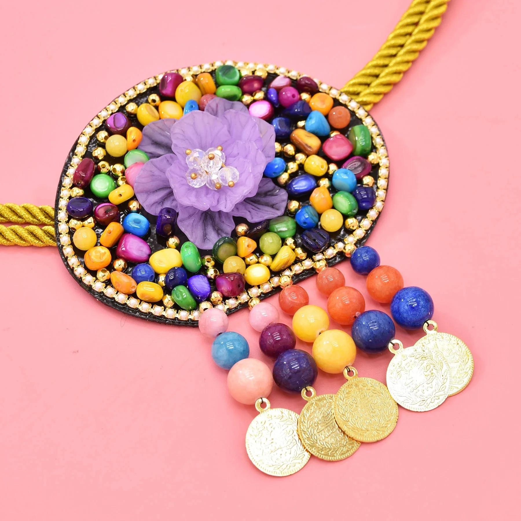 Ethnic Style Handmade Belt Natural Stone Flower Belt Weave Rope Colorful Bead Coins Tassel Waist Chain Jewelry Female Accessory image 2