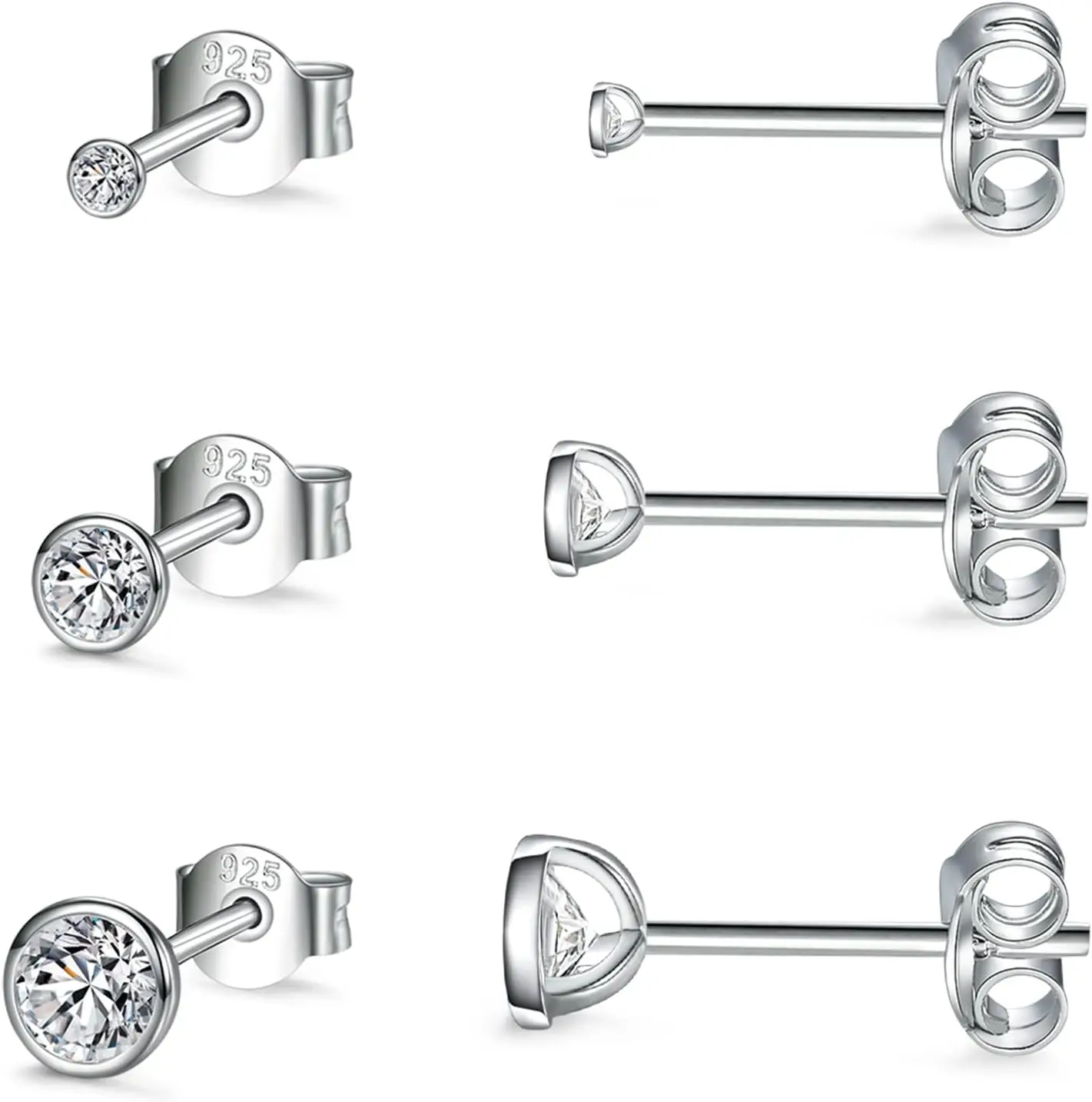 

Sterling Silver Stud Earrings for Women Men- 3 Pairs of Tiny Round Cubic Zirconia Earrings CZ Small