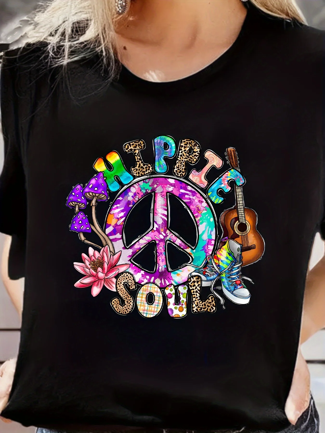 T-shirt girocollo con stampa Hippie Soul Top Casual manica corta per abbigliamento donna primavera estate