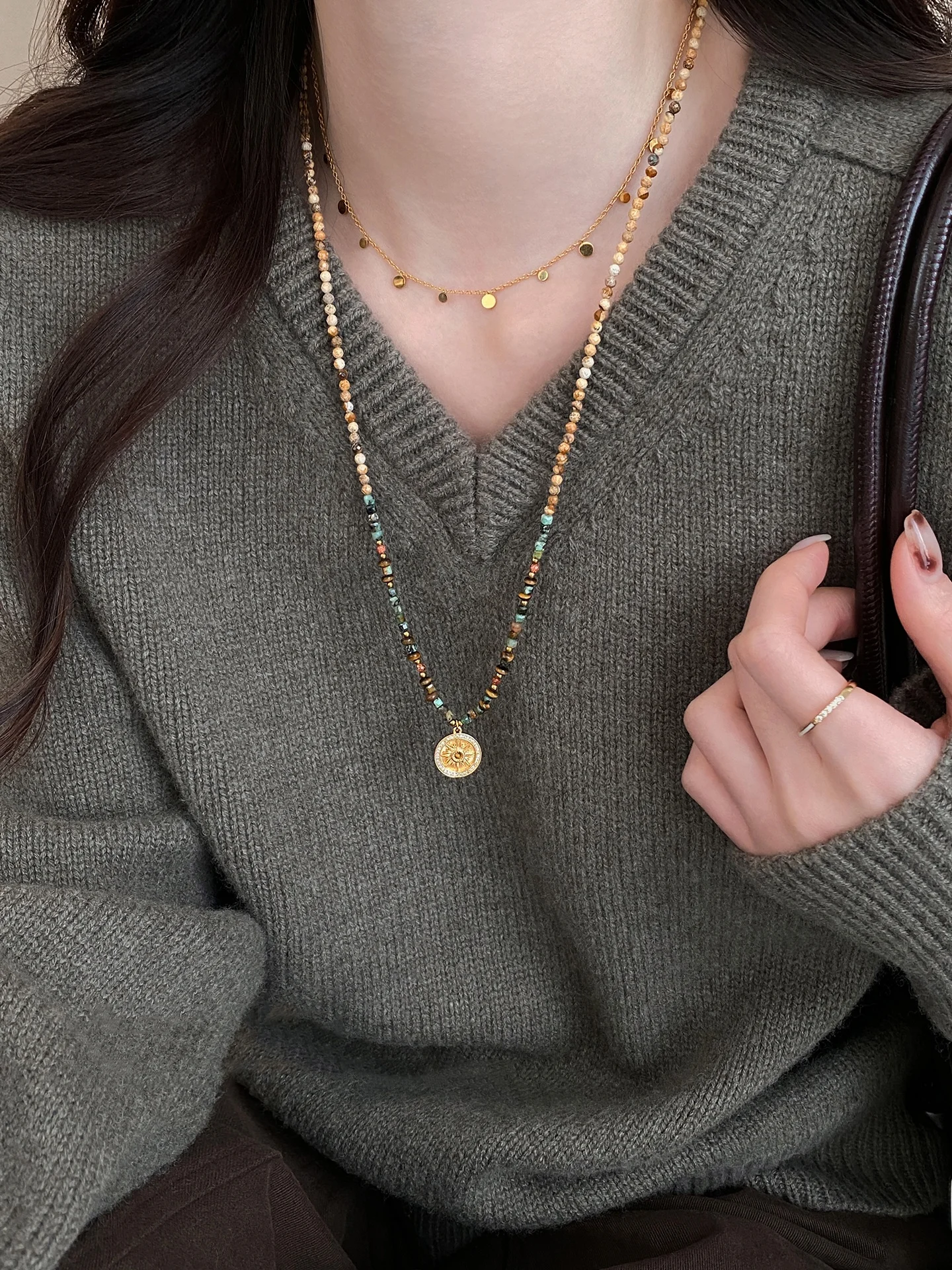 n Sle Tiger Eye Stone Nelace  Paris Canary Kiss Layered Collar Pin Sweater Chain Casual Autumn Season Chin...
