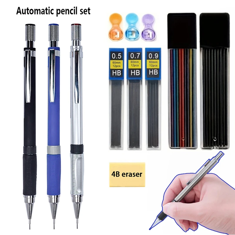 Mechanical Pencil Set 2.0mm with 2B Black/Colors Lead Refill Eraser For School Student Writing Sketching Painting Automatic Pens