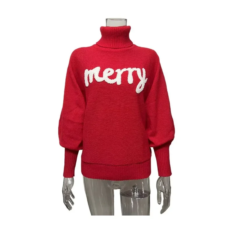 Christmas Knitted Sweater for Women 2025 New Turtleneck Bat Sleeve Loose Pullover Red Merry Letter Embroidered High Neck Sweater