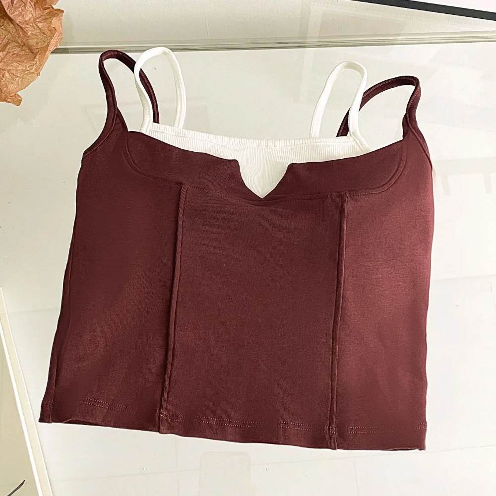 

Fashion Patchwork Fake Two Pieces Camisole Vest Sleeveless Slim Crop Top Korean Style Undershirt Bra with Pads Cami Seaside