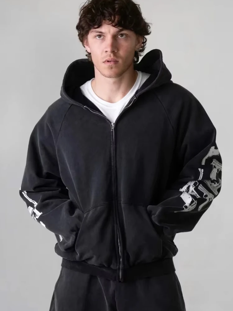 Street trend fashion hooded zipper sweatshirt autumn and winter men's and women's cardigans punk printed clothing