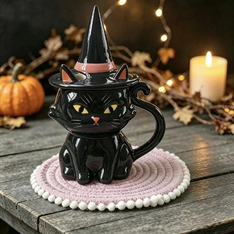 Ceramic Black Cat Mug Witch Hat Lid Coffee Cup Halloween Cute Kitty Tea Water Cup Drinkware Dorm Home Party Gift Cat Lover