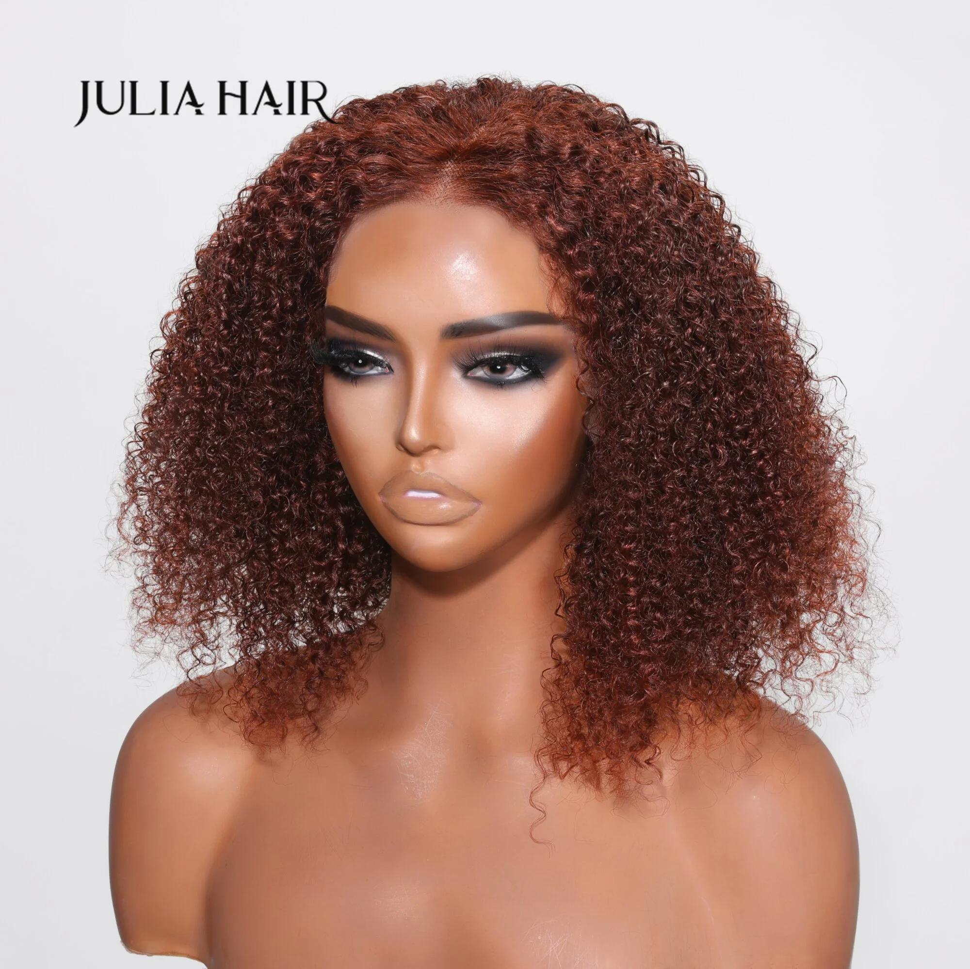 Julia Hair 13x4 Lace Front Reddish Brown Bouncy Kinky Curly Bob Wig Glueless Human Hair Pre-Plucked Natural Hairline