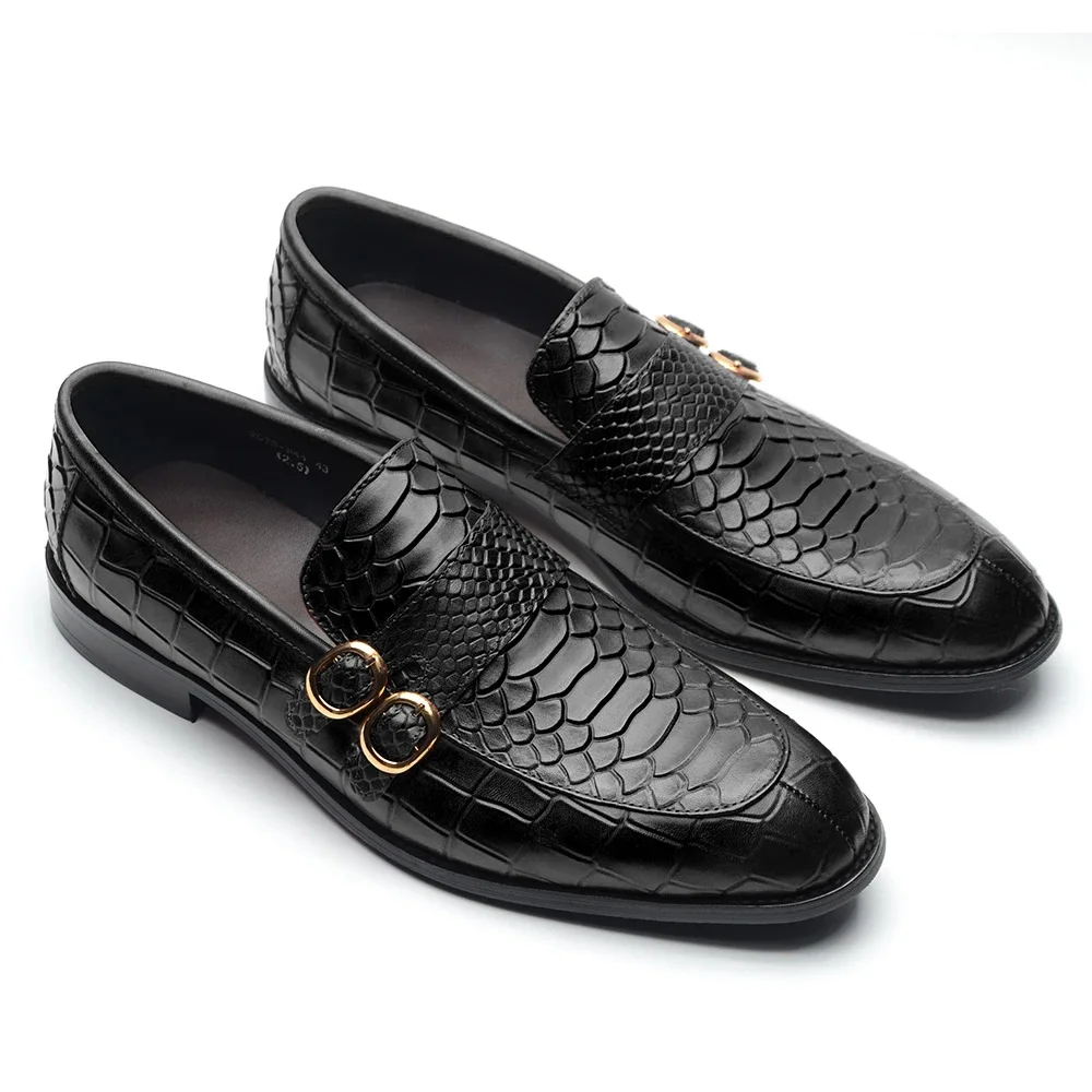 Sapatos masculinos de couro de grão integral, fivela dupla, padrão de jacaré, preto, marrom, mocassins, festa de casamento, sapatos formais masculinos