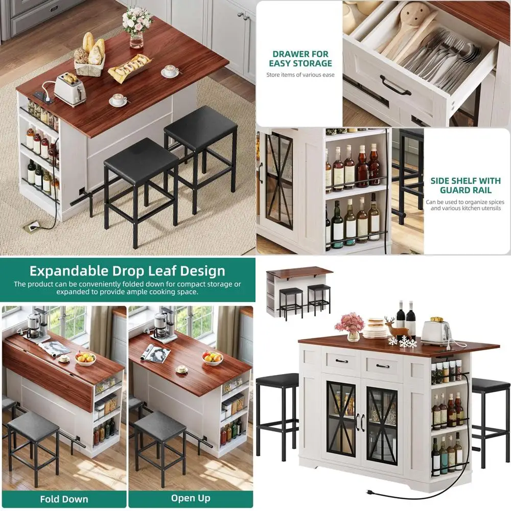 

Kitchen Island with Seating, 47 Inch Mobile Storage Island with Drop Lea, Rolling Islands Table with Power Outlet & Spice Rack,