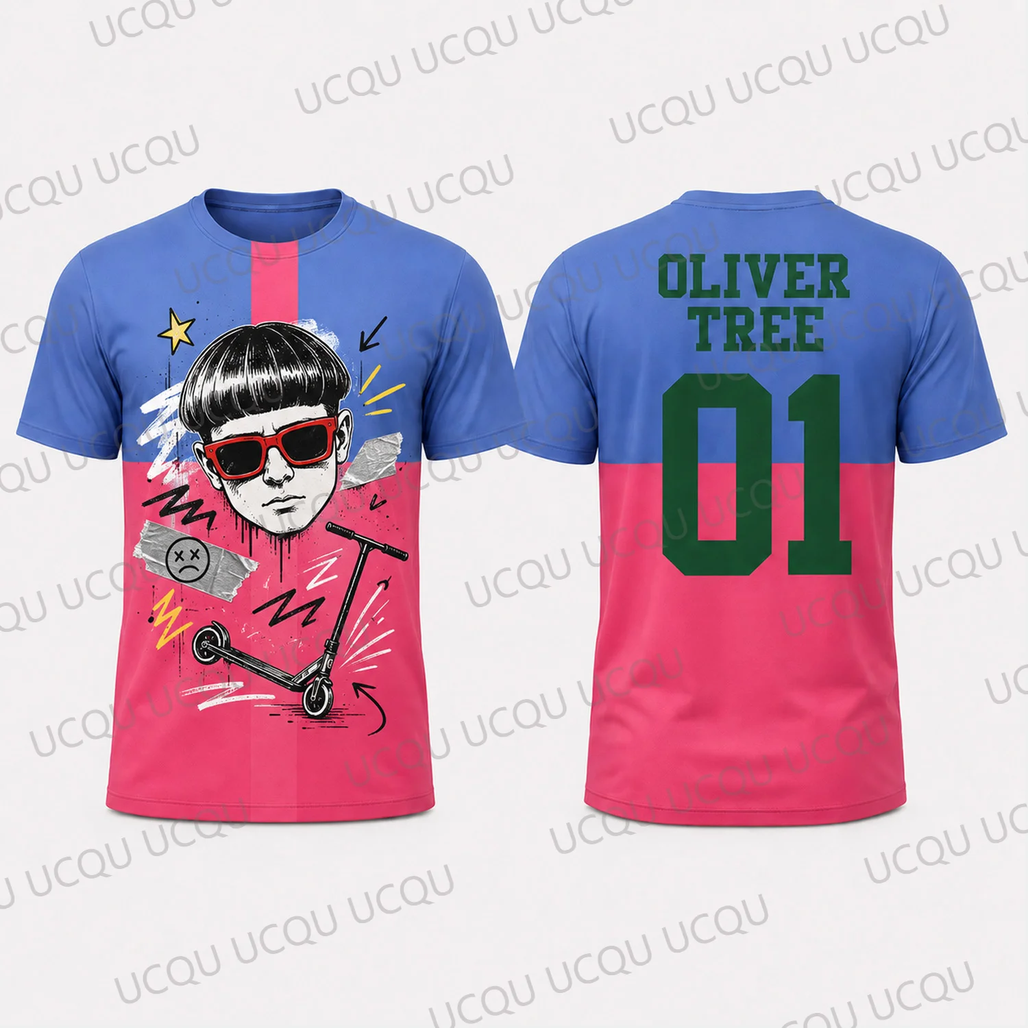 Oliver Tree 01 Graffiti Scooter Graphic T Shirt Blue Pink Short Sleeve Concert Tour Fan Tee Men Women Streetwear Gift