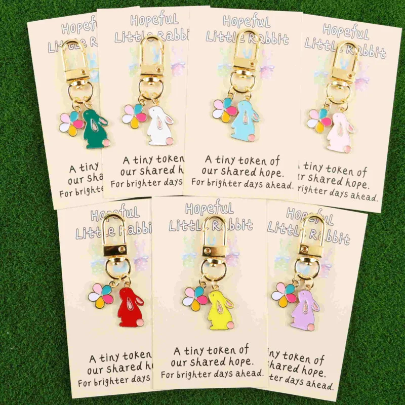 Ensemble de 7 porte-clés mignons en forme de lapin avec fleurs colorées, carte « Un petit lapin espoir » Le cadeau de Pâques idéal