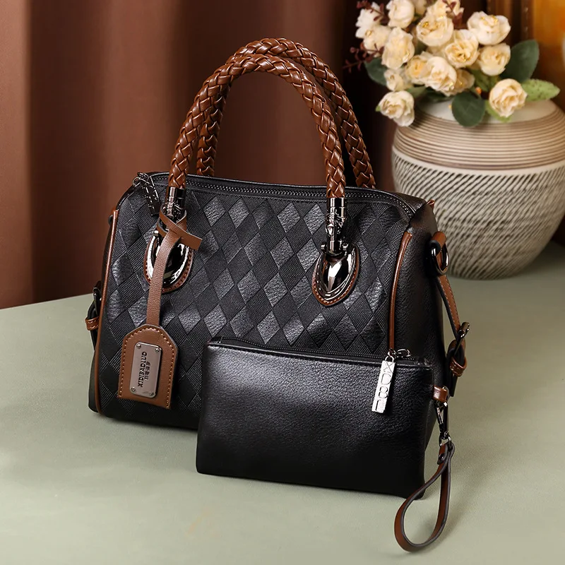 Woven women's handbag with wallet 2024 vintage European and American checkered women shoulder bag Large capacity Boston Lady Bag