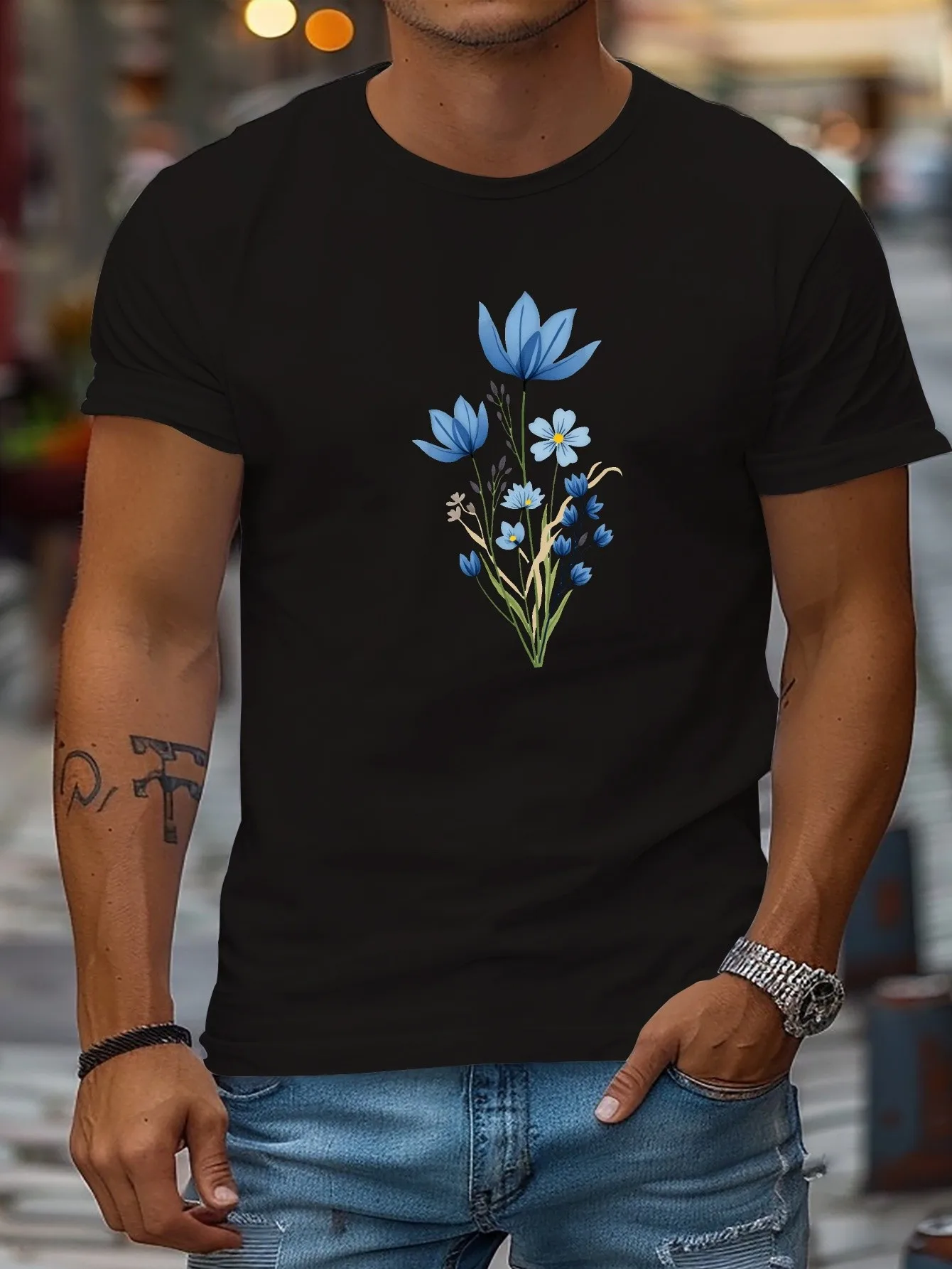 

Men's Black T-Shirt with Blue Floral Print, Casual Crew Neck, Short Sleeves, Regular Fit, Suitable for All Seasons, Comfortable for Casual Wear, Everyday T-Shirt with Fun Design and Comfortable Fit