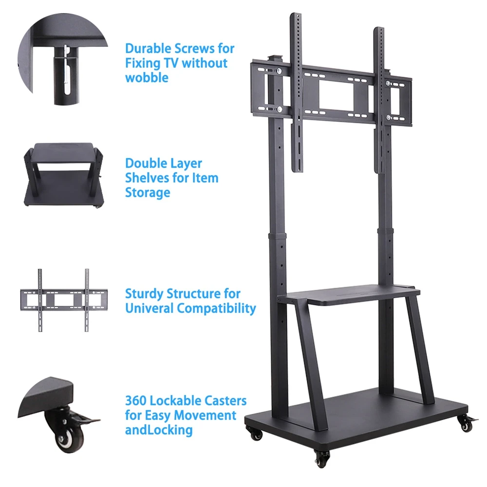 UNHO Tall TV Cart Mobile TV Stand with Mount Adjustable Height, Lockable Casters for Extra Large Flat Panel Screen up to100 Inch