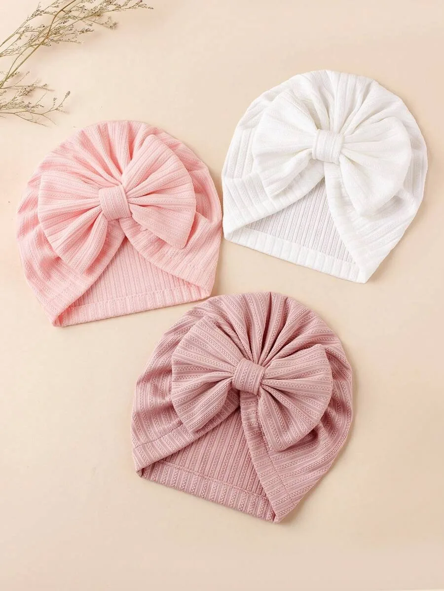 3pcs/set Baby Strips Bow Bonnet Solid Color Breathable Soft Turban For Infant Girls Large Bow Beanie For Photograph Headdress