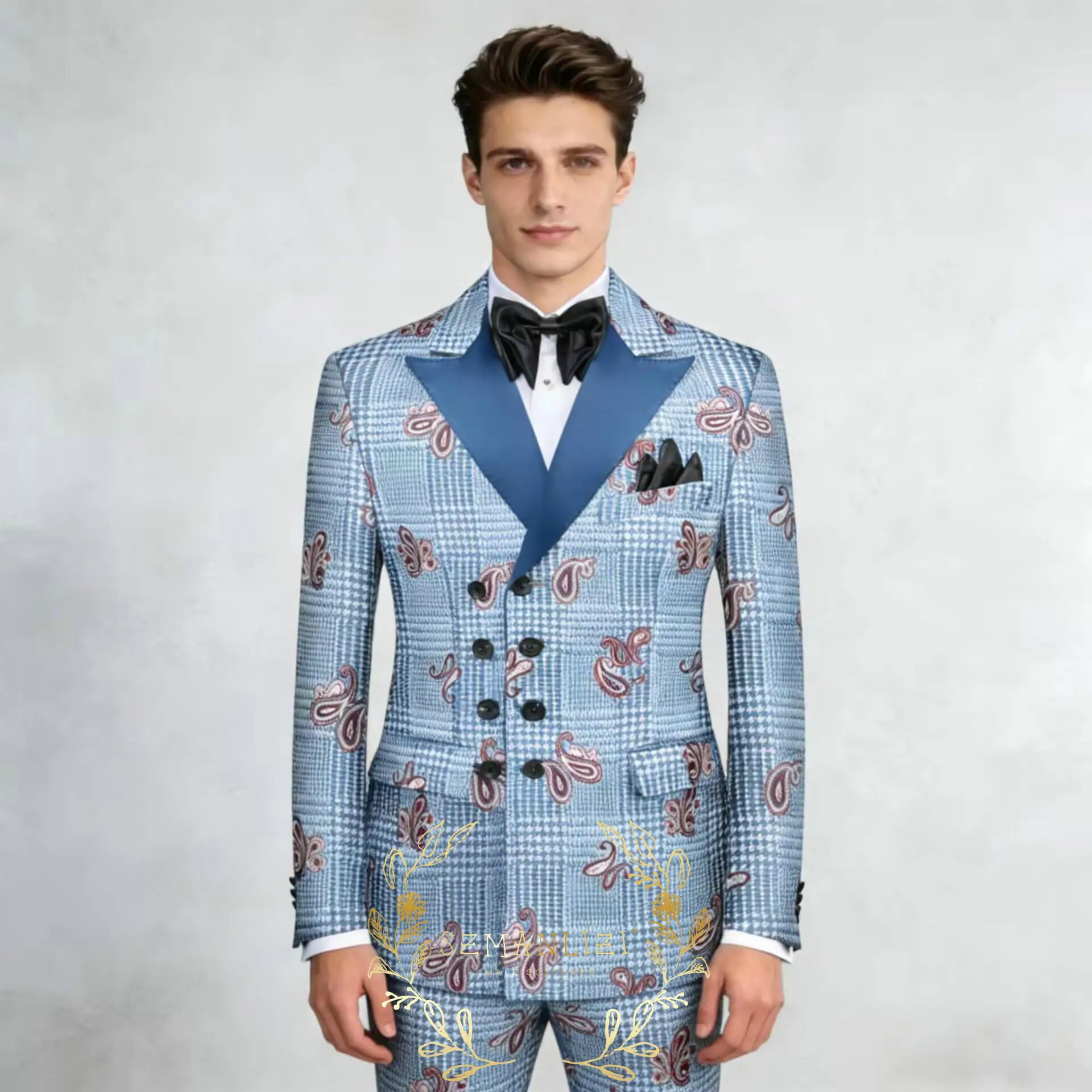 

2026 New Blue Houndstooth Men Suit Paisley Embroidery Double Breasted Set for Men's Office /Weding/Party /Prom Suits Set