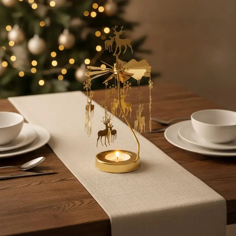 Rotating Stainless Steel Candle Holder INS Style Heat Powered Carousel Tea Light for Festival Home Decoration