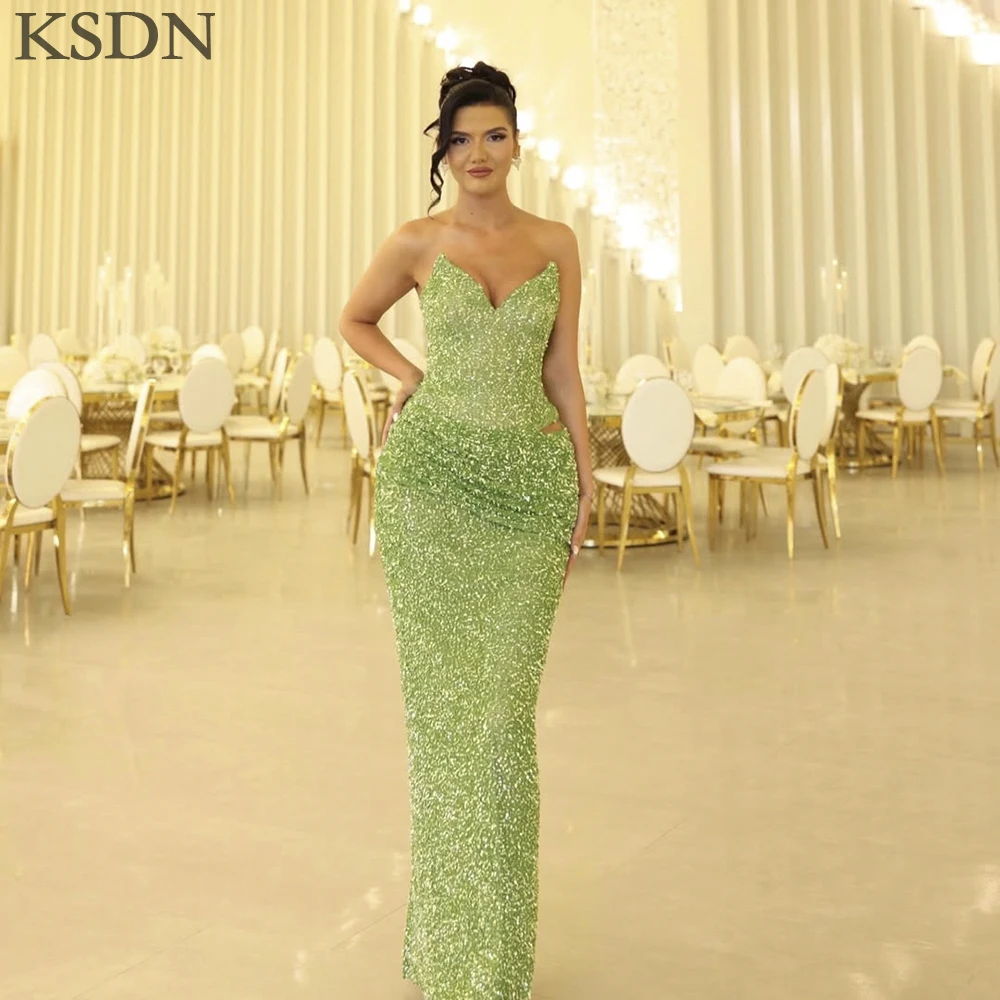 KSDN-vestidos de noche sin tirantes, elegantes, sin mangas, hasta el suelo, tren de barrido, vestido plisado de alta calidad, vestido Formal