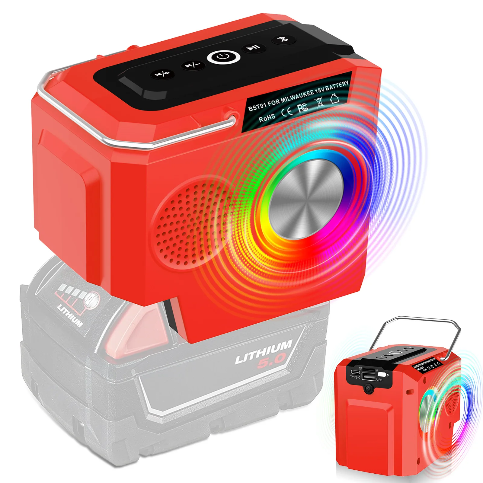 

18V 10W Bluetooth Speaker for Milwaukee Battery TWS Portable Wireless with USB C & Light for Outdoor Chain Party Jobsite