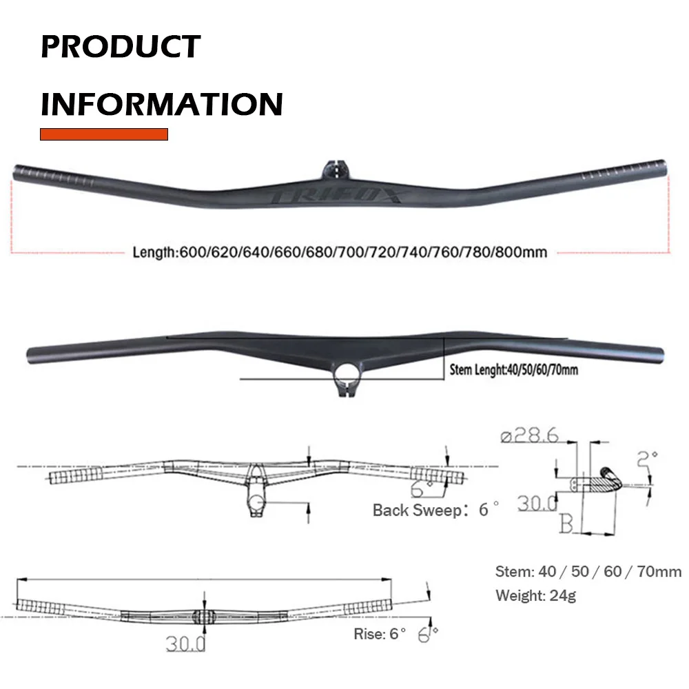 TRIFOX 28.6mm Carbon MTB Handlebar Matte Mountain Bike AERO Flat Bar 600/680/700/720/740/800mm Bicycle UD Integrated Handlebars