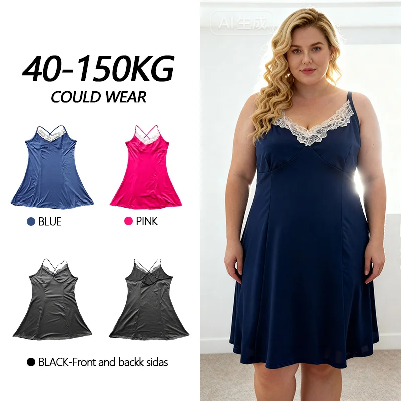 

【Plus Size】Woman's oversize satin lace cami night dress,sexy sleeveless v neck pajamas,sleep lounge wear