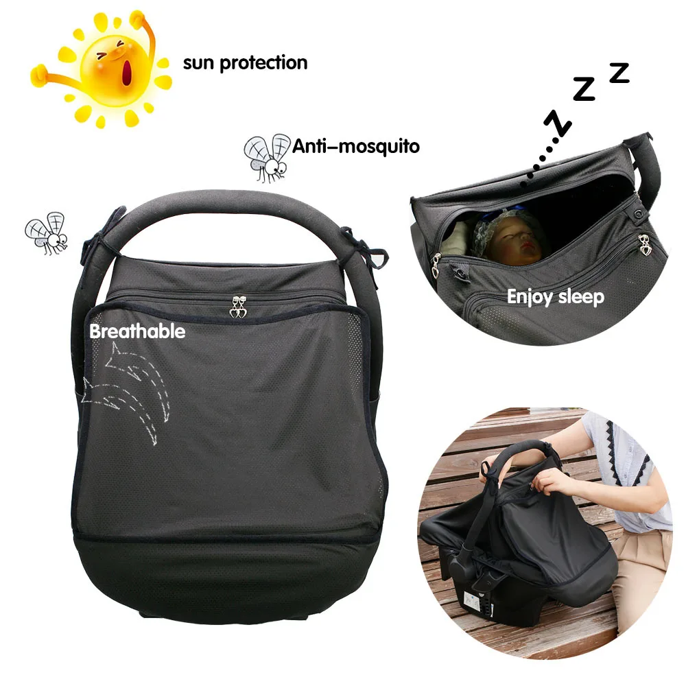 Sombrilla transpirable negra para cuna de bebé, antimosquitos, cesta portátil para dormir, asiento de seguridad, cubierta protectora