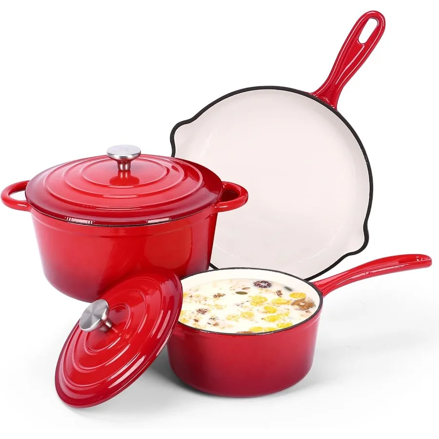 

Набор эмалированной чугунной посуды с антипригарным покрытием, 5 шт., кастрюли и сковородки с крышкой, сковорода для соуса, здоровый круглый голландский горшок для духовки