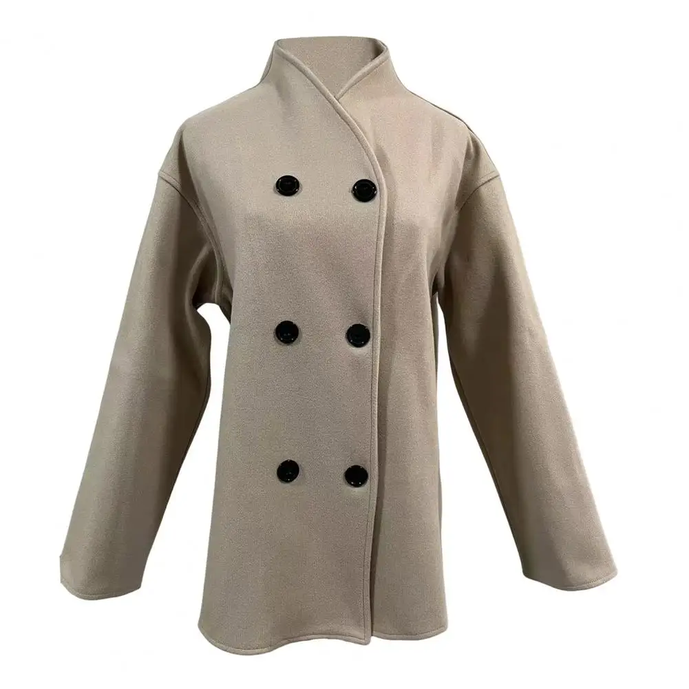 معطف نسائي أحادي اللون ، ياقة مدورة مزدوجة الصدر ، فضفاض ، كاجوال ، مكتب ، موضة ، سيدة ، خريف ، شتاء ،