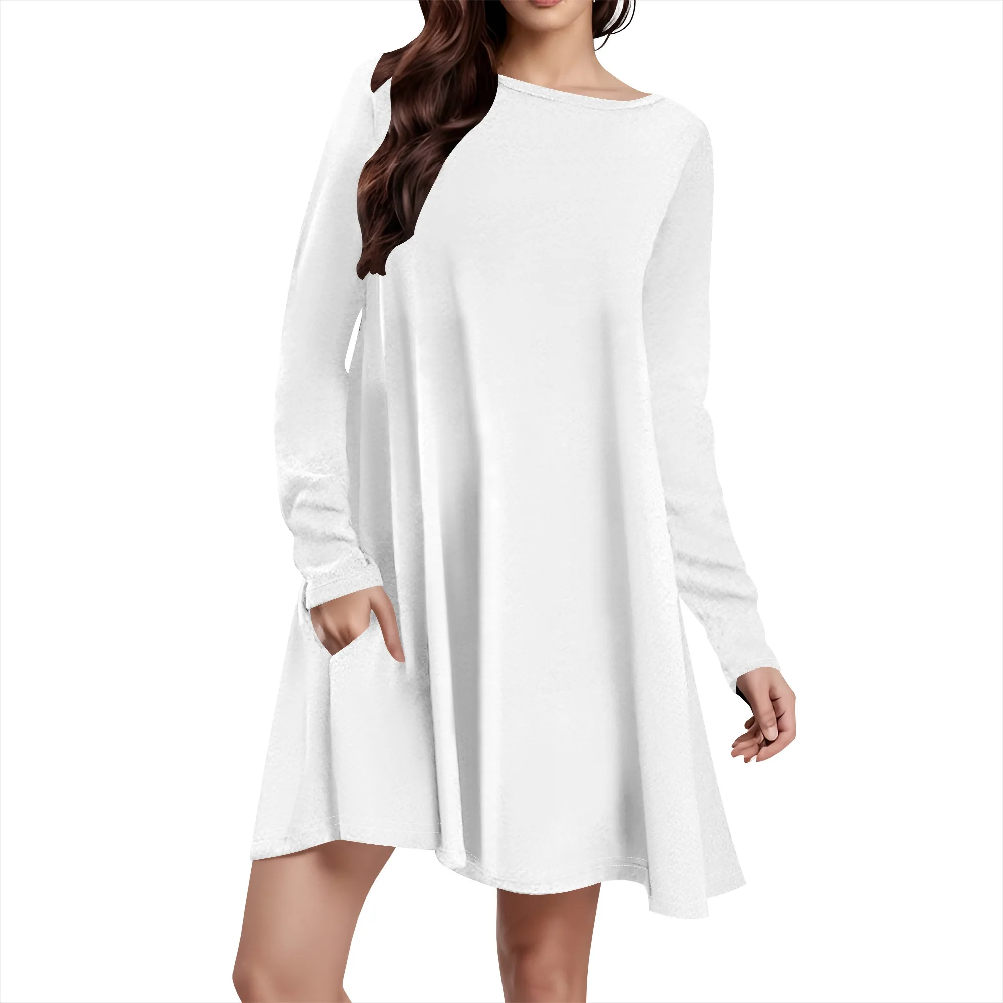 Abito da donna casual ampio a maniche lunghe, mini abiti altalena semplici in tinta unita con tasca