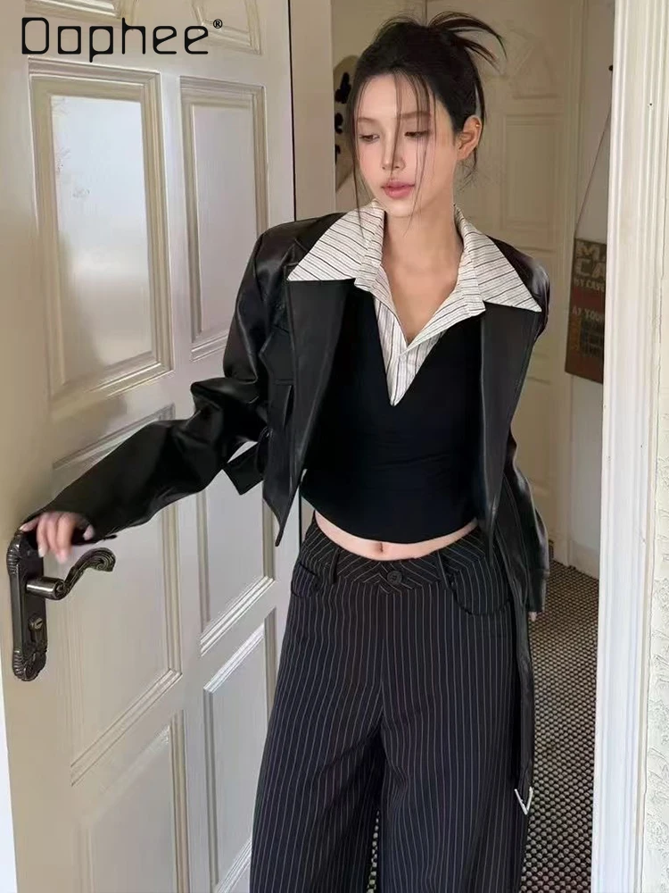 خمر التوابل فتاة ضئيلة الدانتيل متابعة دعوى طوق بولي معطف معطف جلد سترات قصيرة للنساء الخريف جديد الشارع الحلو كول Y2K سترة