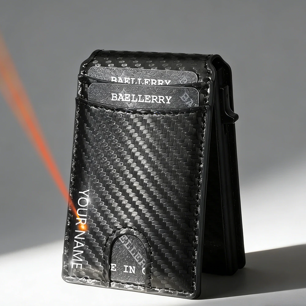 

Name Engraving New RFID Men Card Wallets Carbon Fiber Magnetic Card Bag Photo Holder Male Purses Pop-up Card Clips