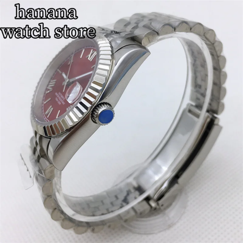 Мужские часы 36 мм/39 мм, красный циферблат, римский цифровой механизм NH35A, автоматические заводные механические часы, сапфировое стекло, окошко даты