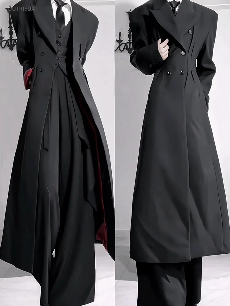 Heavy Suit Collar Double Breasted Waist Cinched Mid Length Coat Jacket Black Veste Femme Grunge American Streetwear Tunic