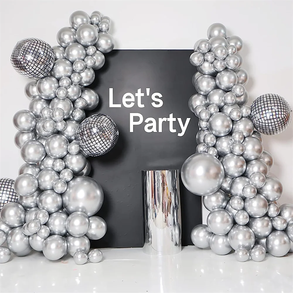 

118Pcs Chrome Metallic Silver Balloon Garland Arch 22inch 4D Disco Foil Balloon for Birthday Wedding Bachelor Party Graduation