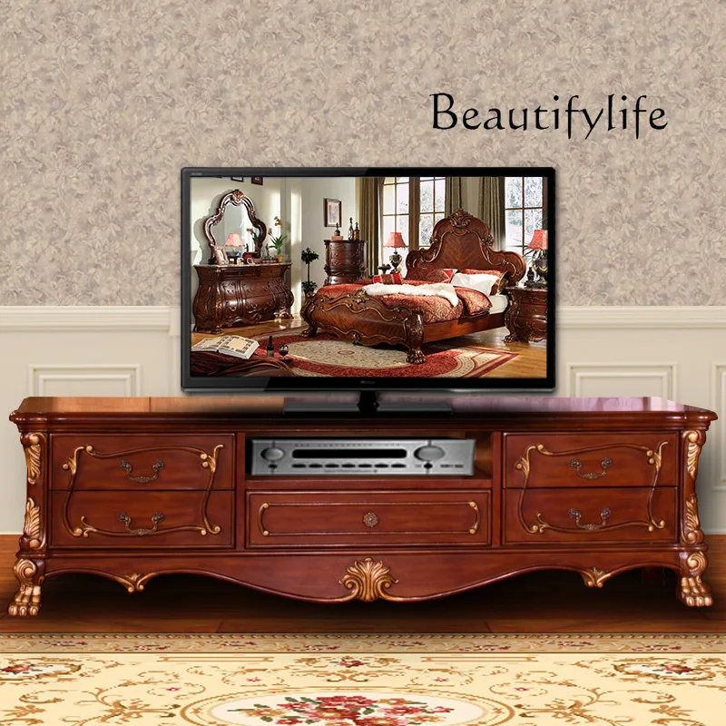 

American log carved TV living room floor cabinet European audio-visual cabinet bedroom storage square whole chest cabinet