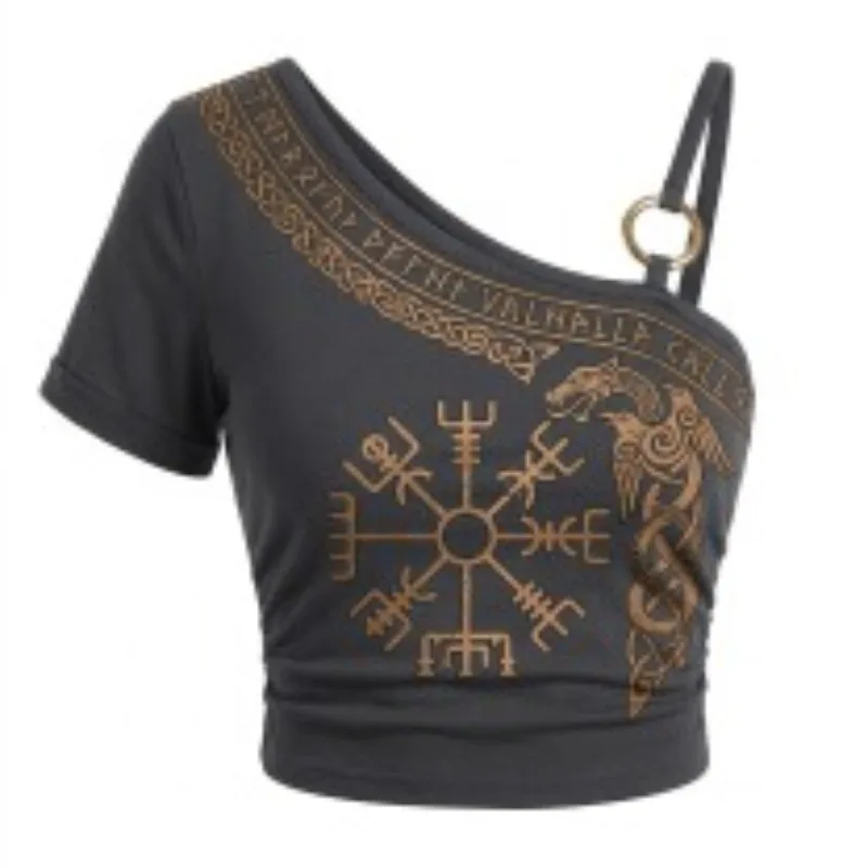 Camiseta de Verano para Mujer, Talla 3XL, con Estampado Vikingo, de un Solo Hombro, con Tirante Asimétrico, Estilo Casual, Sexy, Ajustada, con Anillo en O, Manga Corta