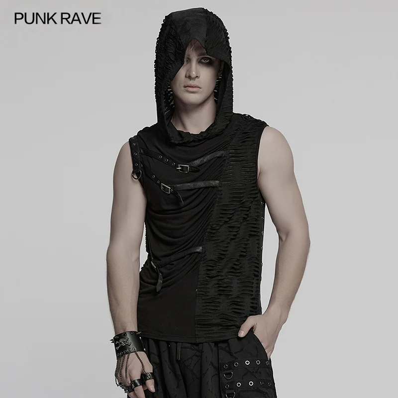 PUNK RAVE Men's Punk Asymmetrical Splicing Pleating Elements Sense of Decadence Vests Hooded Shoulder Rivets Cool Tops