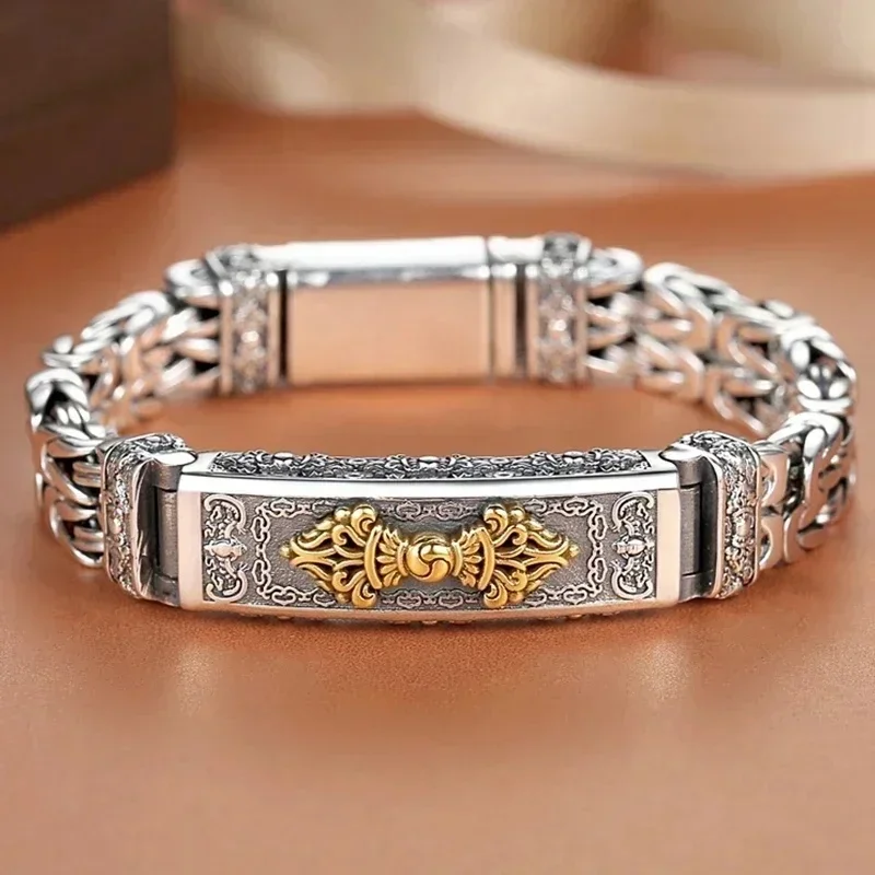 YISON New Silver Fashion Chinese Style Retro Hipster Men's Bracelet Creative Personality Plain Pattern Chain Accessories Jewelry