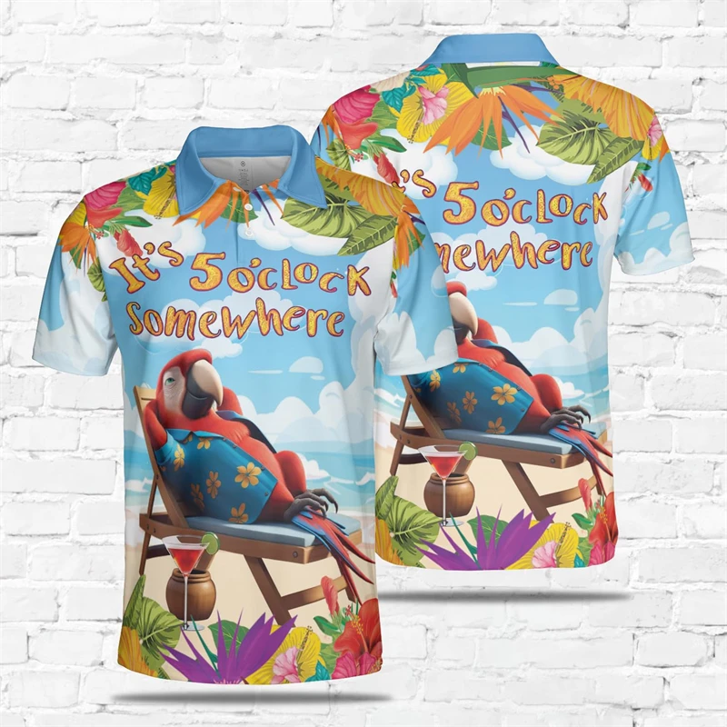 Hawaii It's 5 O'clock Somewhere Graphic Polo Shirts For Men Clothes Fashion Aloha Short Sleeve Happy Party POLO Shirt Parrot Top
