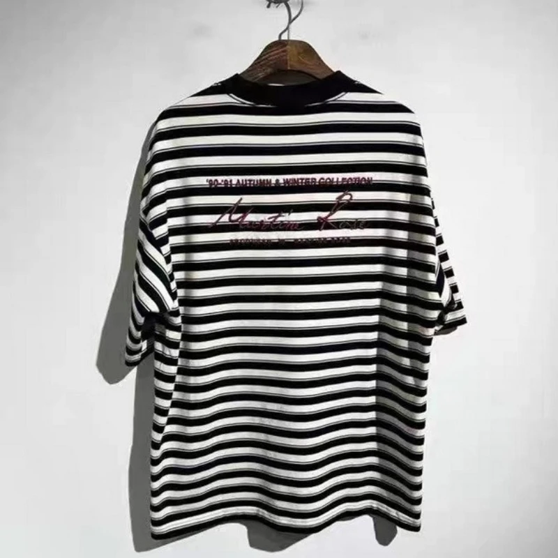 Martine rose Loose and Comfortable Letter-Design Embroidered Logo Striped Short-Sleeved T-Shirt for Men and Women Trendy Style