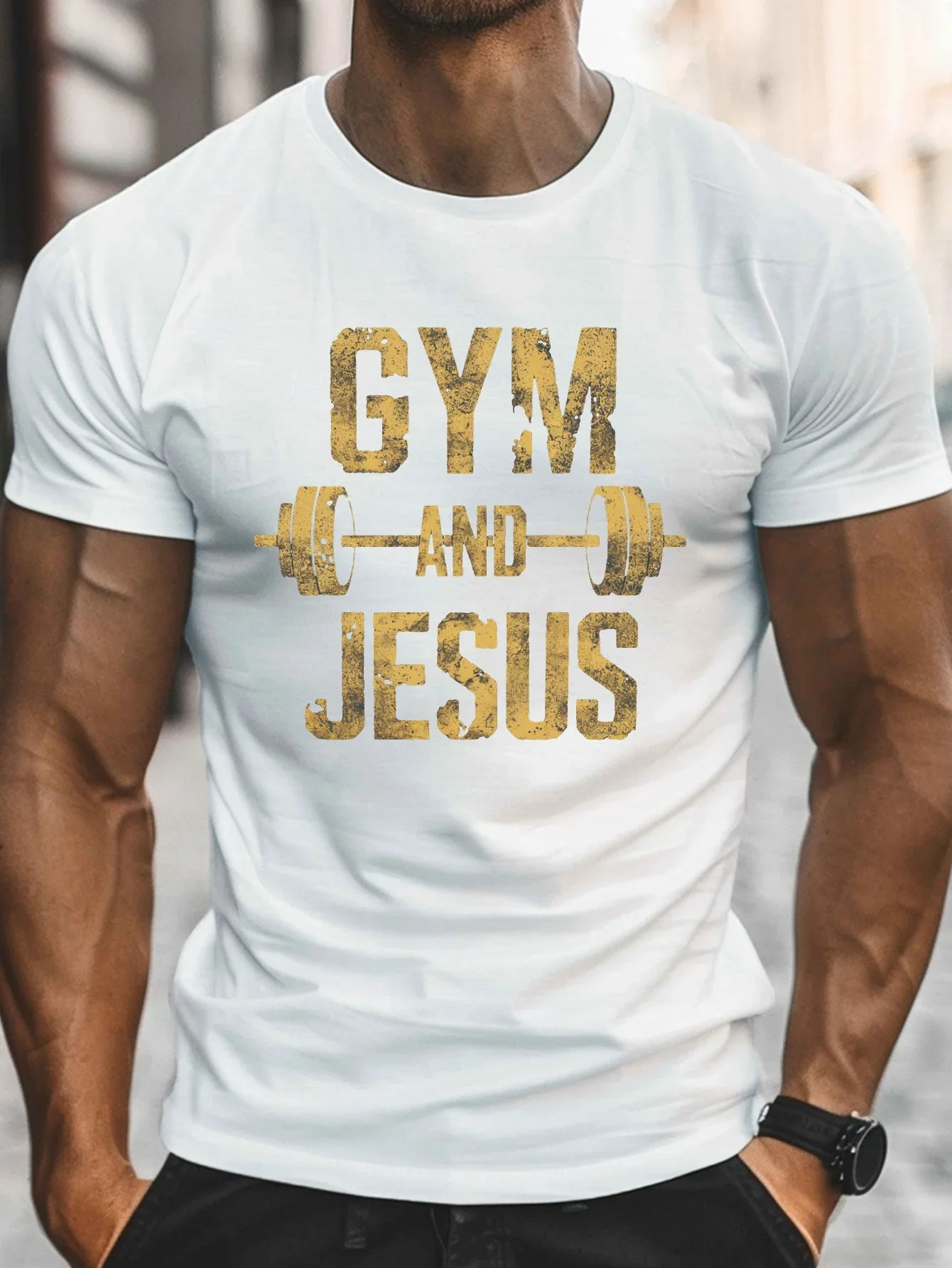 Fashion Men's Gym Dumbbell Print T-Shirt Workout Christian Faith Graphic Short Sleeve Running Fitness Believer Casual Top