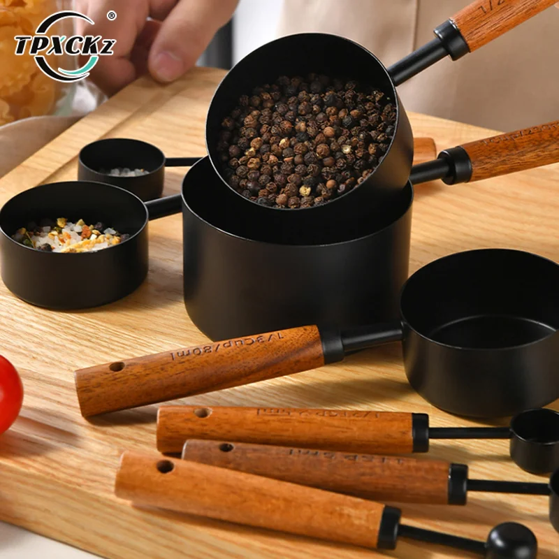 

4/8Pcs Wooden Handle Stainless Steel Measuring Cups Spoons Baking Tools Coffee Measuring Spoon Set Bartending Scale Accessories