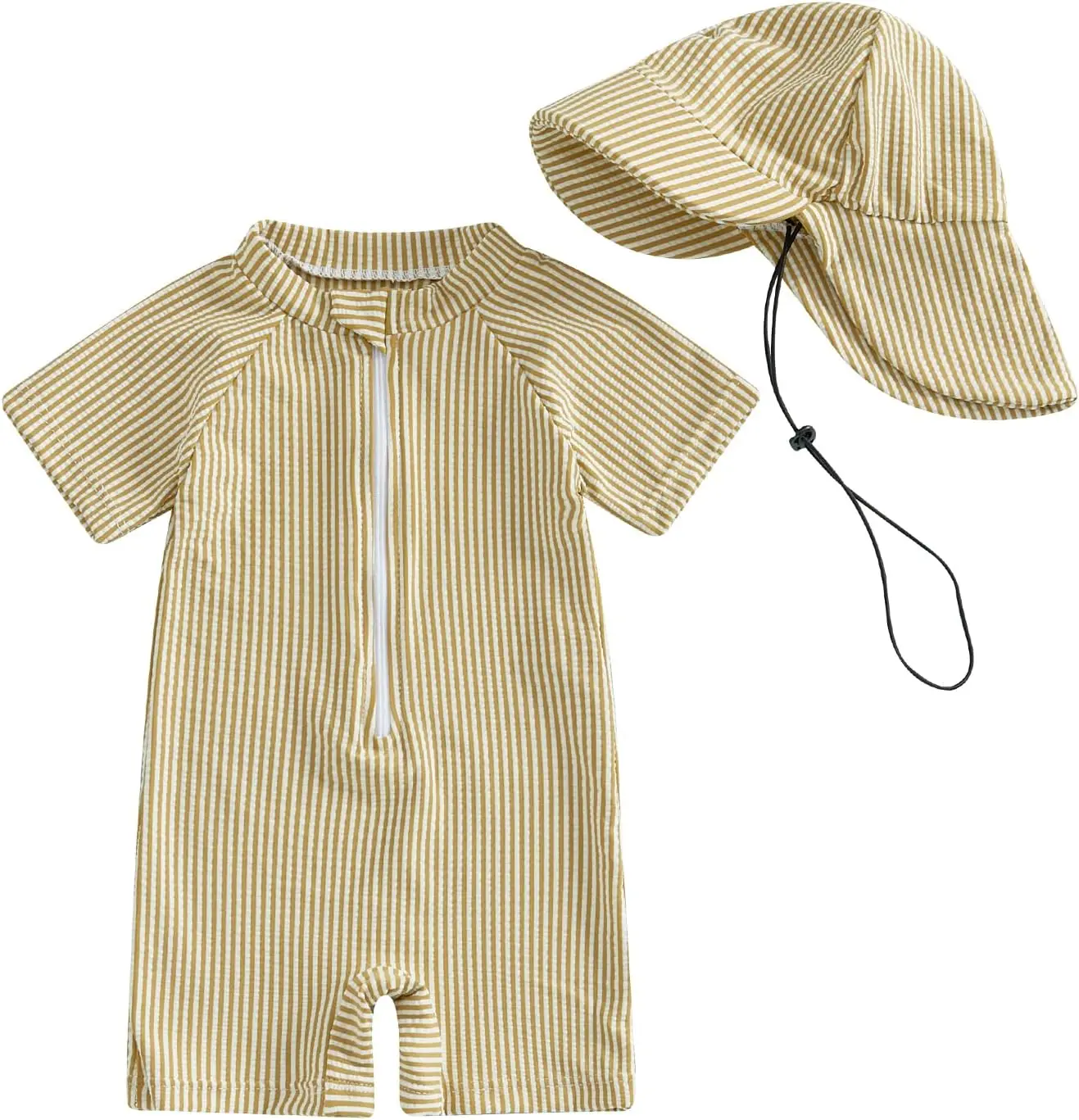 

Toddler Baby Boys Seersucker Short Sleeve One Piece Rash Guard Swimsuit Zipper Bathing Suit Swimwear with Hat Sun Protective