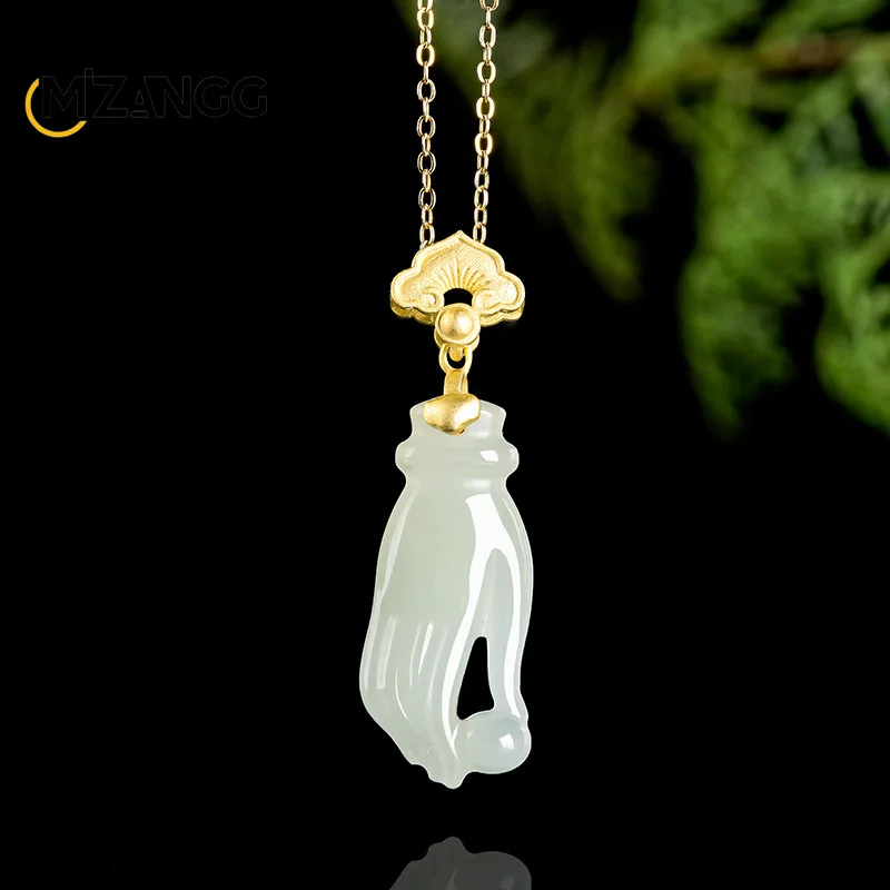 Vintage Hetian White Jade 'Palm Jewel' Pendant -S925 Sterling Silver Inlaid Natural Jade Stone Unisex Necklace for Men and Women