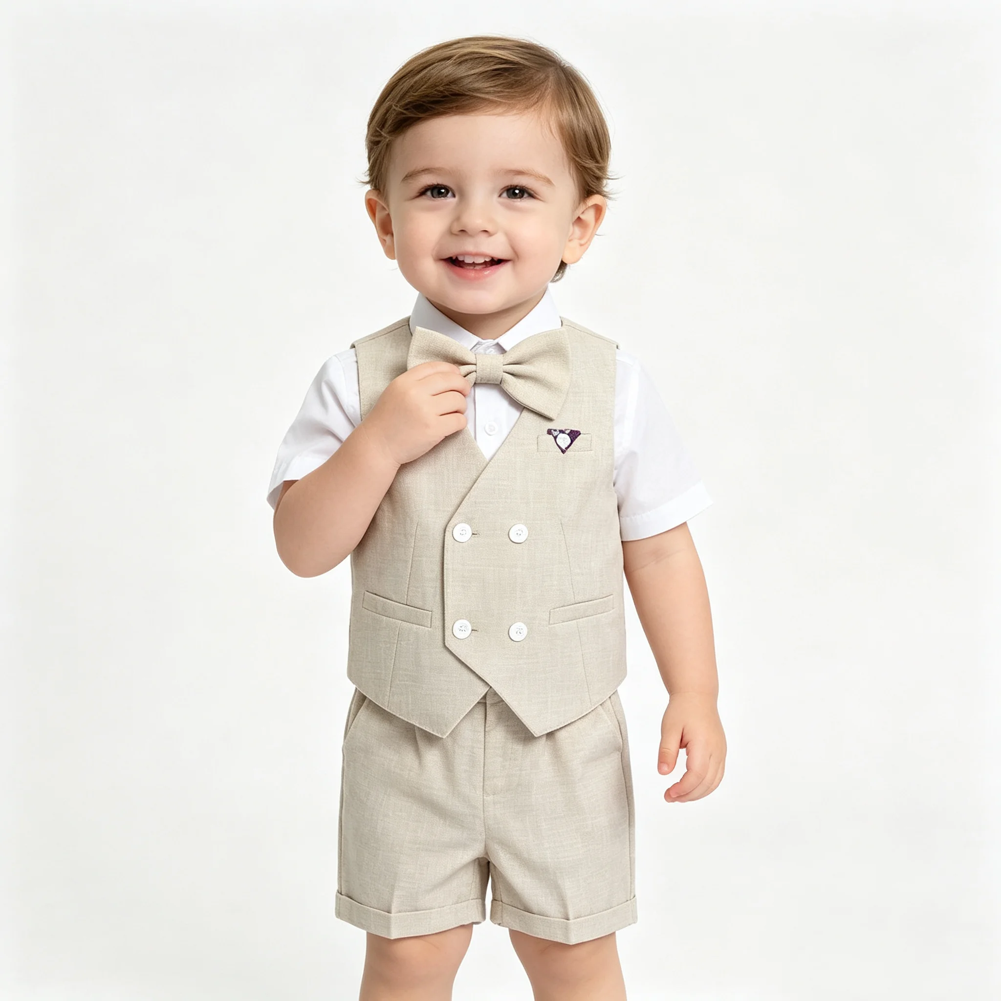 Summer Linen Toddler Boy Formal Suit Set Vest Shorts Bow Tie Infant Gentleman Tuxedo For Wedding Birthday Party Page Boy Clothe