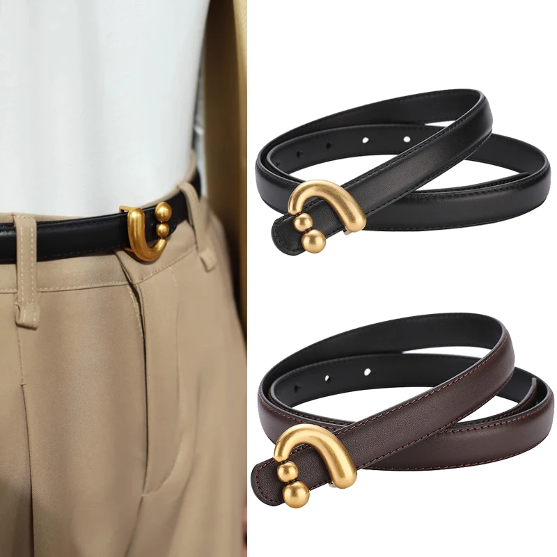 Ceinture de taille en cuir véritable pour femme, jean, robe, pantalon, bouton géométrique doré, mode décontractée, environnement, nouveau