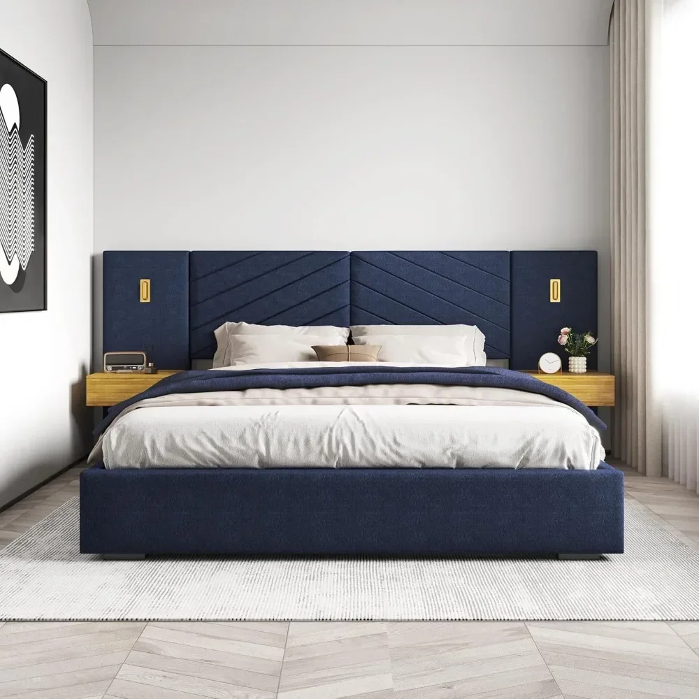 Estructura de cama con luces LED doradas integradas y mesitas de noche, cama con plataforma tamaño King con cabecera tapizada de gran tamaño, sin caja