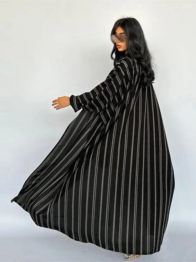 Eid Black Stripe Open Kimono Abaya Dubai Muslim Kaftan Dress Islam Prayer Clothes Abayas For Women Robe Femme Musulmane Caftan